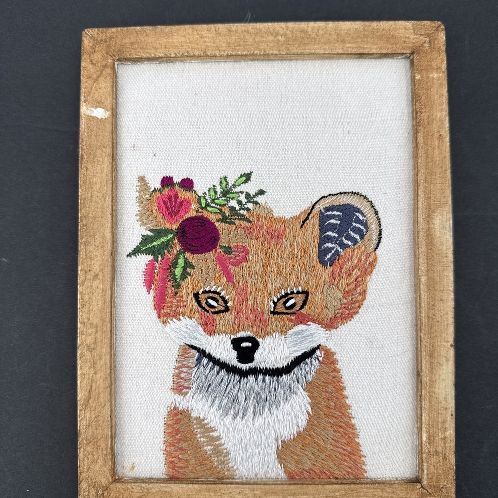 Abbott Collections Handcrafted Embroidered Framed Fox Picture Cottagecore